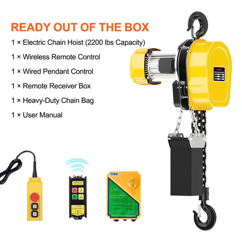 Heavy One Ton Electric Chain Hoist Delivering Two Thousand Two Hundred Pounds Of Serious Lifting Power With Twenty Foot Vertical Rise On One Hundred Ten Volt Single Phase Circuit Featuring A Killer Three Twenty Eight Foot Wireless Remote For No Sweat Day with controls and components displayed.