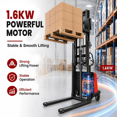 Heavy Duty Full Electric Pallet Stacker With 3500 Lb Load Capacity And 94 In Lift Height For Warehouse Forklift Work showing 1.6kw motor.