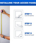 Visual guide showing installation steps for Top Shelf 10X10 Drywall Access Panel For Ceiling Or Wall With Smooth White Cover.