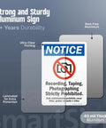 Heavy Duty Aluminum Bilingual Privacy Warning Sign Rock Solid For Outdoors Straight Up No Recording Or Taping Allowed Top Shelf Rust Resistant Security Notice 10X14 Inches on a grey background.