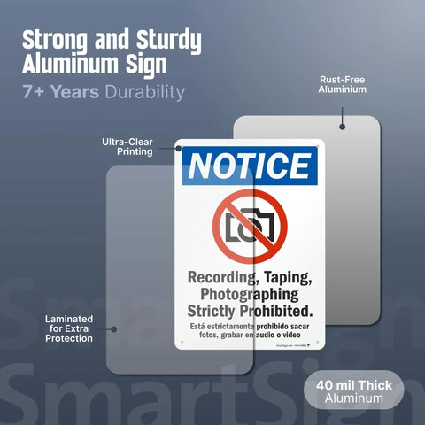Heavy Duty Aluminum Bilingual Privacy Warning Sign Rock Solid For Outdoors Straight Up No Recording Or Taping Allowed Top Shelf Rust Resistant Security Notice 10X14 Inches on a grey background.