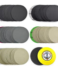 Assorted Grit 3 Inch Pro Grade Silicon Carbide Sanding Discs Set For Wet And Dry Sanding With Hook And Loop Backing Includes 800 1000 2000 3000 And 5000 Grit And One Quarter Inch Shank Pad With Soft Foam Buffer Pad 100 Pieces displayed in different colors