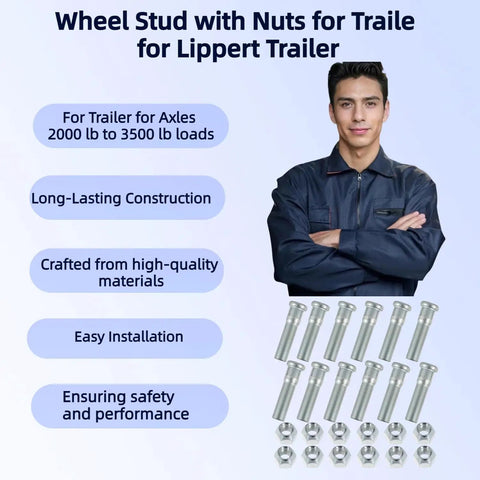 12 Piece Trailer Wheel Studs With Nuts For 2000-3500 Lb Axles, installer in blue uniform, text benefits