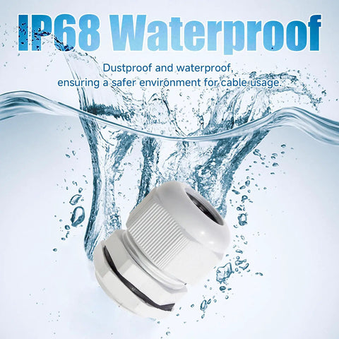One-Stop Waterproof Cable Gland Kit, 50 Pcs shown with water background highlighting IP68 waterproof feature for electrical wiring protection.