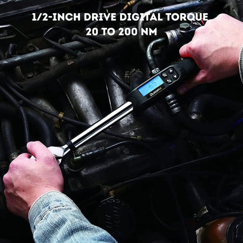 Half Inch Drive Digital Torque Wrench With Buzzer And LED Flash Notification Adjustable From 14.8 To 147.5 Foot Pounds Stainless Steel Construction ISO 6789 Certified With Calibration Certificate in use on engine