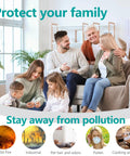 Family sitting in living room promoting clean air with high efficiency MERV 14 air filter replacement, protecting from pollutants.