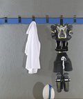Portable Hockey Gear Drying Rack with five sturdy hooks holding skates, pads, and helmet at home or outdoors, great for quick drying.