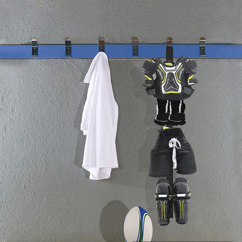 Portable Hockey Gear Drying Rack with five sturdy hooks holding skates, pads, and helmet at home or outdoors, great for quick drying.