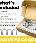 4 Piece 304 Stainless Square U Bolts With Washers And Nuts Kit, includes washers and nuts, shown in open cardboard box