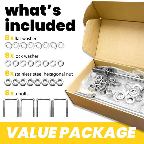 4 Piece 304 Stainless Square U Bolts With Washers And Nuts Kit, includes washers and nuts, shown in open cardboard box