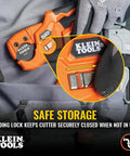 Lightweight PEX Pipe And Tubing Cutter with soft molded handles and pierce point blade secured on a belt for easy storage.