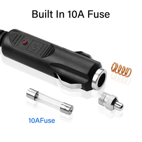 12V Dc Cigarette Lighter Power Adapter Cable With 5 5Mm Male Connector Plug For Dash Cam And Portable Cooler Ride Ready Cord 5 Ft showing built-in 10A fuse components.