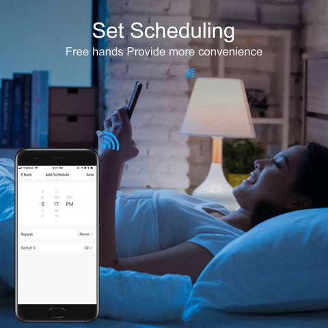 Woman using smartphone app for Smart 2 Gang WiFi Light Switch with Alexa Google Assistant and IFTTT control in bedroom.