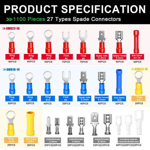 Pro-Grade 1100-Piece Wire Connectors Kit With Spade Fork Ring Bullet Terminals, Waterproof Tin-Plated Insulated Connectors, AWG sizes shown