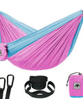 Kids Camping Hammock For Outdoor Fun Ultralight Gear with pink and blue design, tree straps, carabiners, and storage bag displayed