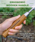 Close-up of ergonomic wood handle on a Garden Trowel With Serrated Edge And Four Inch Depth Marks, Stainless Steel Blade.