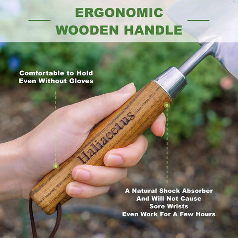 Close-up of ergonomic wood handle on a Garden Trowel With Serrated Edge And Four Inch Depth Marks, Stainless Steel Blade.