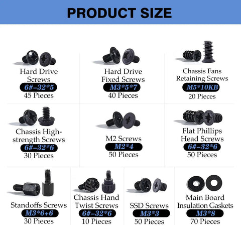 400Pcs Computer Screws And Standoffs Kit showcasing various types and sizes for universal motherboard HDD SSD mounts.