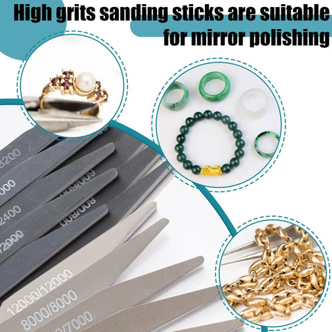 Front view of Honoson 20-piece sanding sticks for plastic models; grey rectangular sticks with 8000/12000 grit amid beads and chain