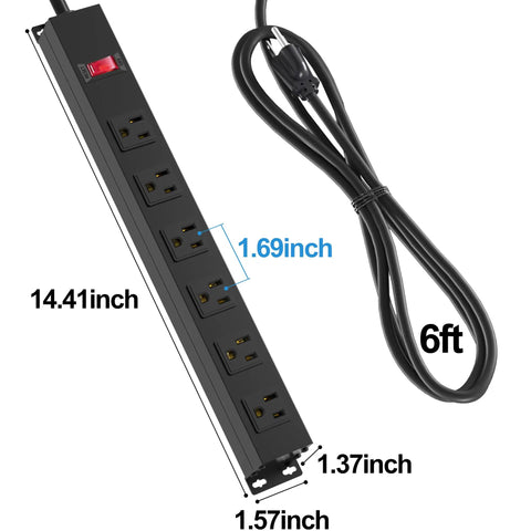 Six Outlet Metal Power Strip With Wall Mount Heavy Duty Switch Rugged Aluminum Body 14AWG Cord 6 Foot Length 15A 125V