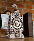 Old Clock Tower 3D Wooden Puzzle Kit For Adults, DIY Mechanical Model Building Set on table