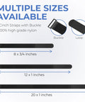 Diagram showing Reusable Cinch Straps 1 Inch By 12 Inch Premium Multipurpose Hook And Loop Safety Straps 15 Pack with other sizes.