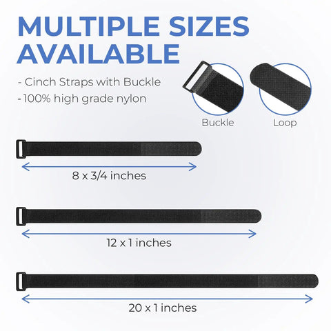 Diagram showing Reusable Cinch Straps 1 Inch By 12 Inch Premium Multipurpose Hook And Loop Safety Straps 15 Pack with other sizes.