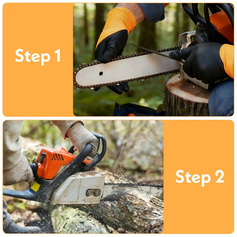 Steps to use 3 Pack One Eighth Inch Chainsaw File Set Round Sharpener Files For Precise Chain Teeth Sharpening shown on chainsaw