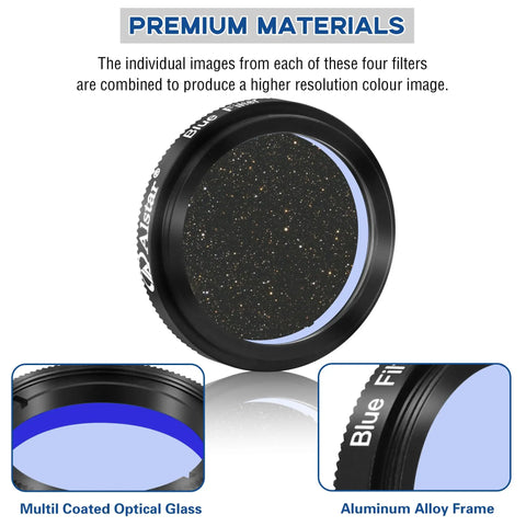 Blue filter from Deluxe Telescope LRGB Filter Set For Monochrome CCD Cameras with 1.25 inch diameter, aluminum frame, optics.