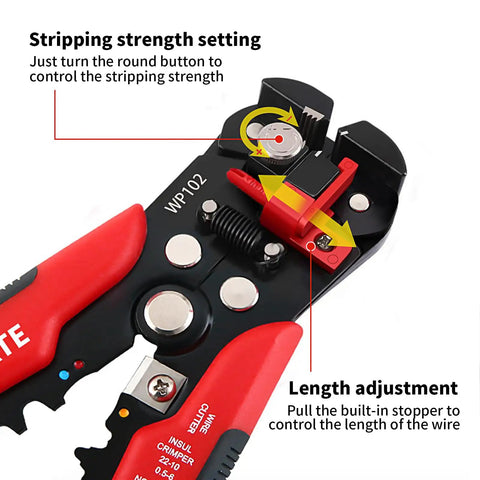 Close-up of 3 In 1 Auto Wire Stripping Tool With Self Adjusting Mechanism Crimping And Cutting For 10 To 24 AWG 8 Inch, showing controls.