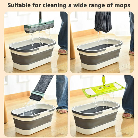 Collapsible Rolling Bucket With Four Wheels 12L Mop Bucket in use with various mop types on hardwood floor.