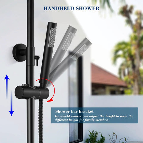Matte Black Outdoor Shower System With Rainfall Head And Hand Spray, exposed exterior shower fixture with adjustable handheld