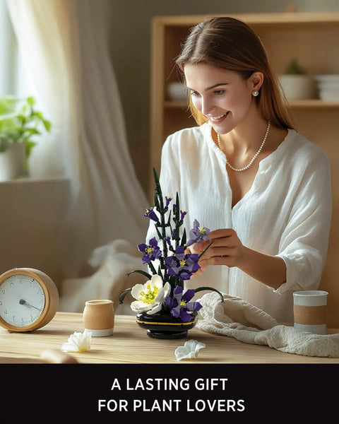Gladiolus Flower Building Set From Bloom Up Series Dope Home Decor Kit With Realistic Gladiolus Stems And Bud Accents For Calming Creative Build And Eye Catching Vibe NF10332, woman assembling floral decor