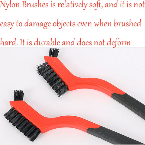 Two cleaning brushes with black nylon bristles and red durable plastic handles from Three Piece Nylon Cleaning Brush Set For Rust Removal In Holes And Tight Spaces Durable Plastic Handles Non Marring Bristles Heavy Duty Grime Busting Cleaning For Rust And Dirt In Small Crevices