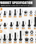 Diagram showing Beefy Automotive Flange Bolts And Nuts Kit 10.9 Grade Alloy Steel with sizes M6 to M10 and black finish.