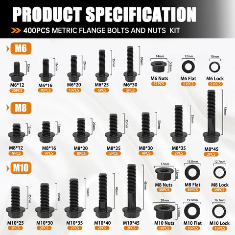 Diagram showing Beefy Automotive Flange Bolts And Nuts Kit 10.9 Grade Alloy Steel with sizes M6 to M10 and black finish.