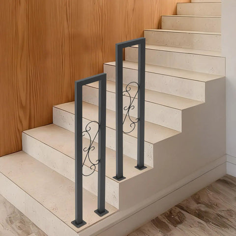 Two Pack U Shaped S Scroll Staircase Handrails Premium Carbon Steel Build Weather Resistant Coating Indoor Outdoor Step Railing on stairs.