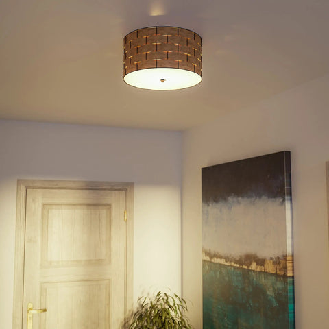 Shaker 3 Light Flush Mount Fixture In Brown Finish With Blackened Bronze Frame And Woven Wood Detailing, mounted on ceiling