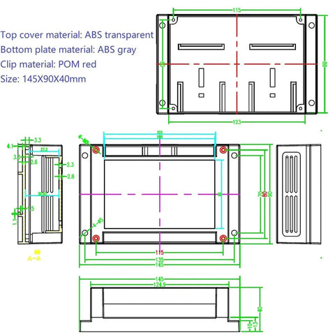 ESP32 Devkit V1 Expansion Board With 30 Pin Header For DIN Rail Mount Universal 35mm TH35 Rail Fits Electrical Cabinets Tool Free Snap Lock Easy Wiring Ideal For Industrial IoT Projects technical drawing, ABS/POM enclosure, 145x90x40mm