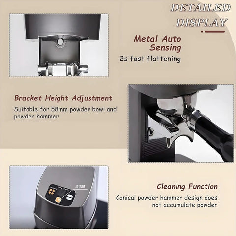 Deadly Smooth Auto Fill Digital Pressure Gauge Automatic Espresso Tamper With Quick Adjust Head Knock Out Perfect Shots Using This Slick 58mm Coffee Tamping Machine Built Solid For Real Barista Crews showing metal sensing and height adjustment features.
