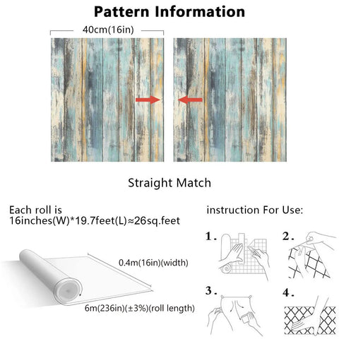 Pattern details and instructions for Blue Distressed Wood Grain Contact Paper Peel And Stick Self Adhesive Wallpaper For Cabinets Waterproof.