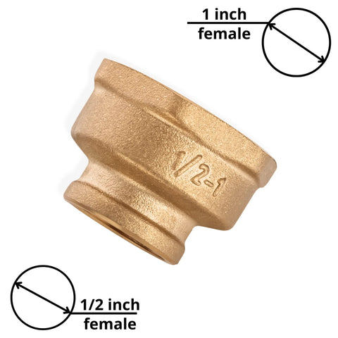 Brass reducing pipe coupling 1/2 in female to 1 in female NPT, side view
