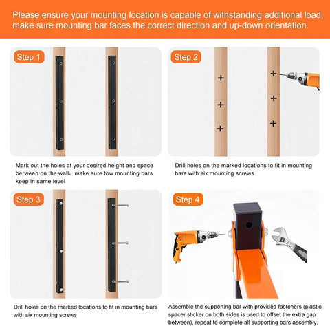 Installation steps for Wall Mount Wood Organizer And Lumber Storage Metal Rack For Shed Garage Or Workshop 3 Level 4 Pack