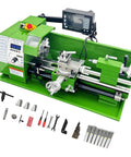 Precision Metal Lathe Benchtop Mini Machine With Electronic Gear Change And Digital Readout 8.27 X 15.75 Inch Swing, green body with included tools.