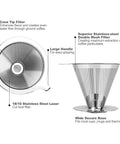 Pour Over Coffee Dripper With Double Mesh Stainless Steel Cone Filter For 1 To 4 Cups Paperless Reusable Filter side view