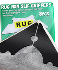 Non Slip Rug Corner Grippers Pack Of 8 shown in packaging and demonstration on a rug corner