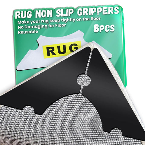 Non Slip Rug Corner Grippers Pack Of 8 shown in packaging and demonstration on a rug corner