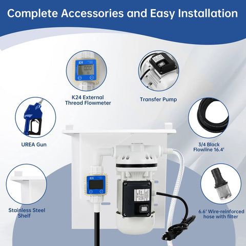 Heavy Duty DEF Transfer Pump Kit 110V 120V High Flow Self Priming Pump With US Plug showing components and accessories.