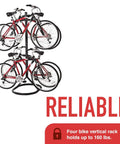 Freestanding 4 Bike Rack With Adjustable Arms, Durable Vinyl Coated Steel, holding four red bikes, in a garage setting.