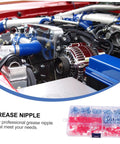 Grease Nipples Assortment Kit 100 Pcs Zerk Fittings With Caps in case, shown with automotive engine for industrial use.